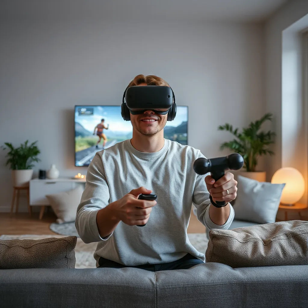 אדם בחלל סלון משתמש במשקפי VR ומחזיק בבקרי תנועה במהלך משחק מדומה