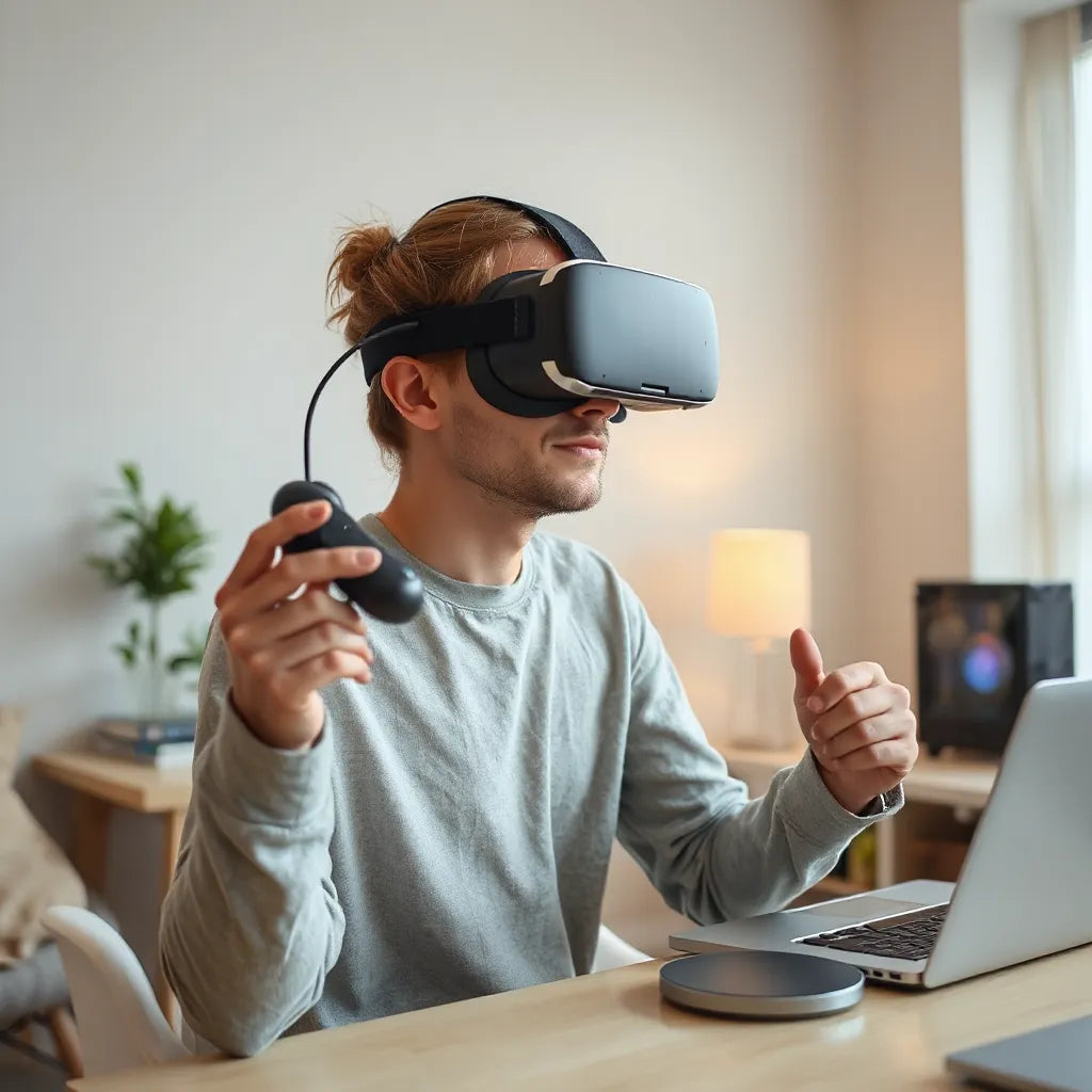 אדם עם משקפי VR ושלטים בחדר מודרני, עם מחשב שולחני פתוח מאחור לתמיכה באפליקציות