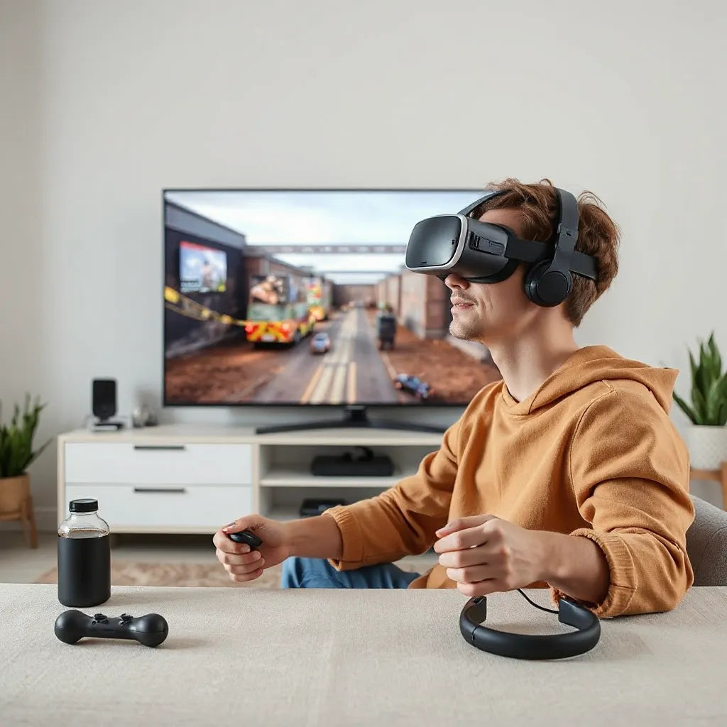 אדם בחדר מודרני עם משקפי VR ובקרי תנועה לצפייה וגיימינג חלקים בבית