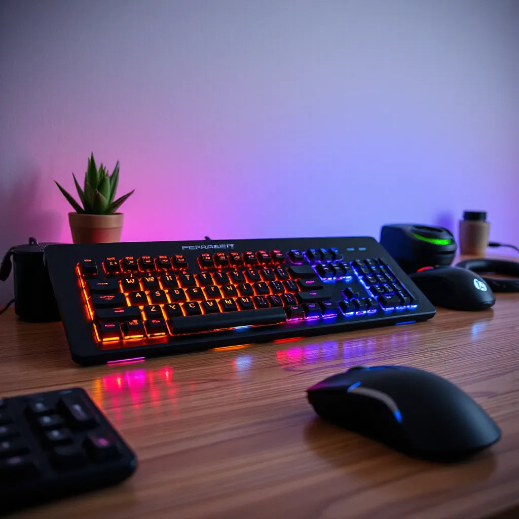 מקלדת מכנית עם תאורת RGB זוהרת על שולחן עבודה מודרני, עם מיקוד על המקשים