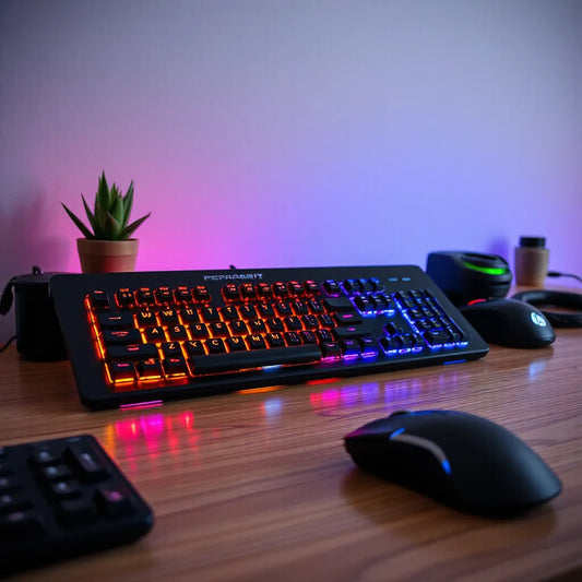 מקלדת מכנית עם תאורת RGB זוהרת על שולחן עבודה מודרני, עם מיקוד על המקשים