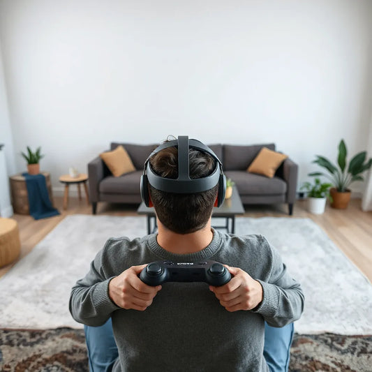 אדם בחדר סלון מודרני עם משקפי VR ובקרי יד, מוכן לחוויית משחק שקועה בבית