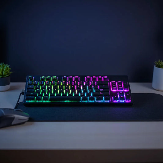 מקלדת גיימינג קומפקטית על שולחן עם תאורת RGB עדינה ועכבר בקרבת מקום