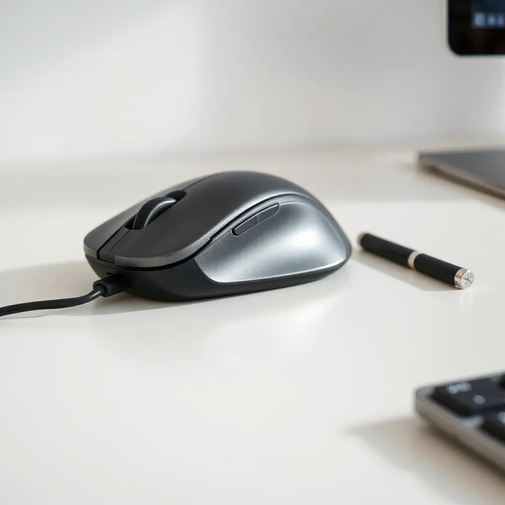 עכבר אלחוטי מודרני מעוגן למעמד טעינה מגנטי על שולחן נקי