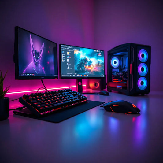 תאורת RGB מסודרת לאורך עמדת גיימינג עם מקלדת ועכבר מוארים לאווירה חיה