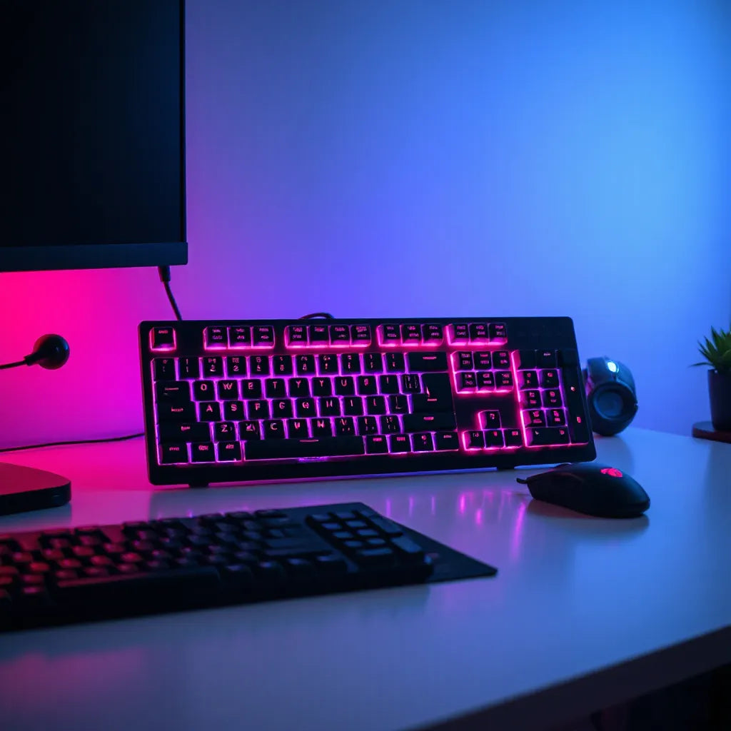 מקלדת גיימינג מודרנית עם תאורת RGB עדינה על שולחן נקי בחלל חשוך