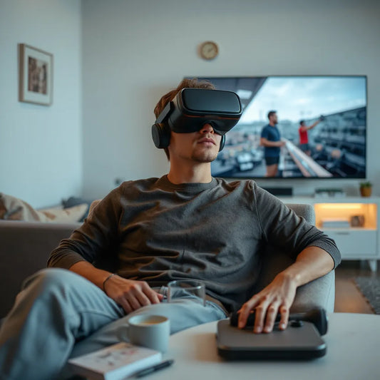אדם בחדר סלון מודרני חובש משקפי VR קולנועיים ומביט בתוכן על מסך גדול ברקע