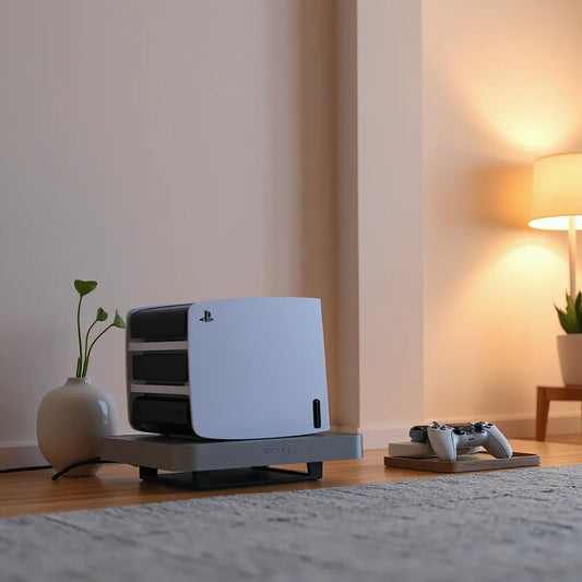 PS5 עם פתרון קירור שקט על מעמד מאוורר בסביבה נקייה ומוארת בעדינות