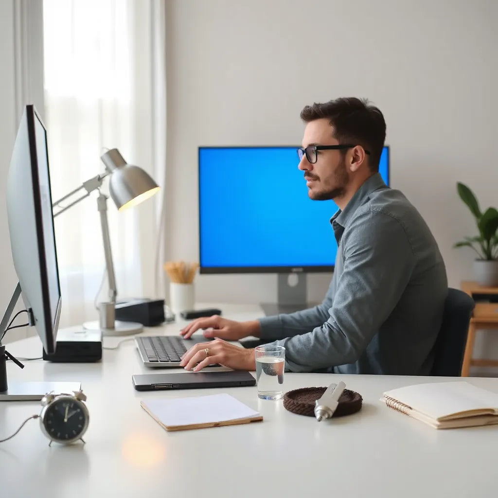 Person at a computer with blue-light glasses, relaxed eyes, and ergonomic screen setup for reduced eye strain