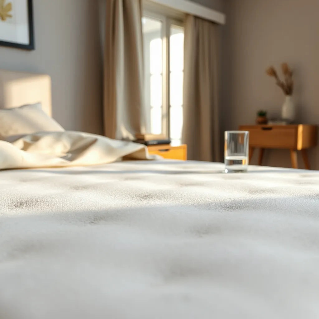 מזרן קצף ויסקו עם שקעים עדינים שמדגימים התאמה לנוחות, באור בוקר חמים בחדר שינה.