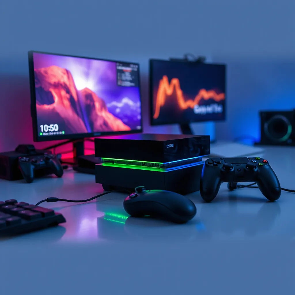 קונסולת משחקים עם תאורת RGB צבעונית ותאורה זוהרת מסביב