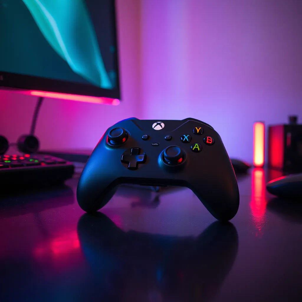 שלט גיימינג בסגנון Xbox עם תאורת RGB דינמית מוארת על שולחן משחקים כהה