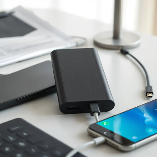 סוללת USB-C קומפקטית על שולחן עם טלפון מחובר בכבל טעינה