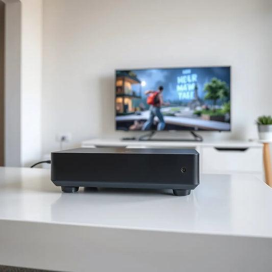קונסולת משחק מודרנית עם חיבור HDMI בחזית מחוברת לטלוויזיה בחדר מגורים מינימליסטי