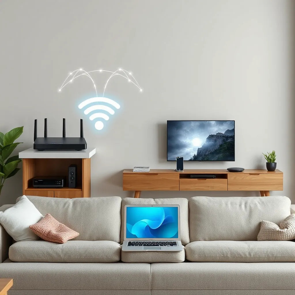 נתב WiFi מודרני עם קישורים אלחוטיים עדינים למכשירים חכמים בבית