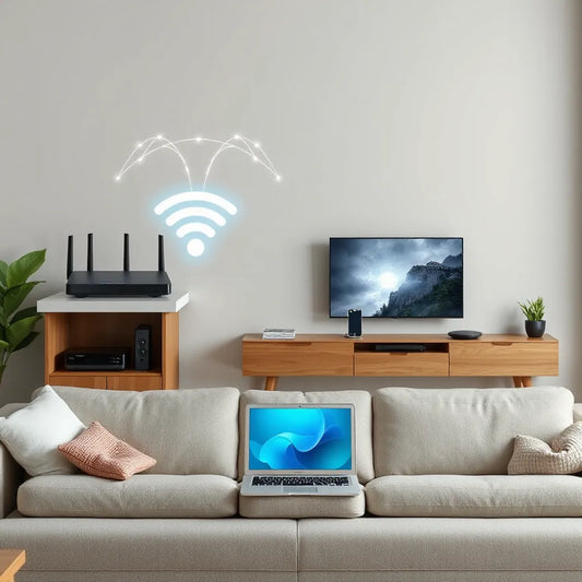 נתב WiFi מודרני עם קישורים אלחוטיים עדינים למכשירים חכמים בבית