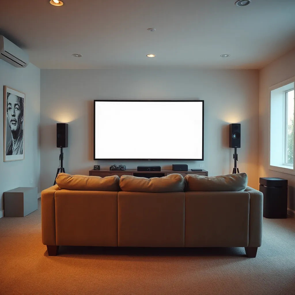ספה ומסך גדול בחלל סלון מואר באווירה קולנועית עם רמקולים צדדיים לצפייה חווייתית