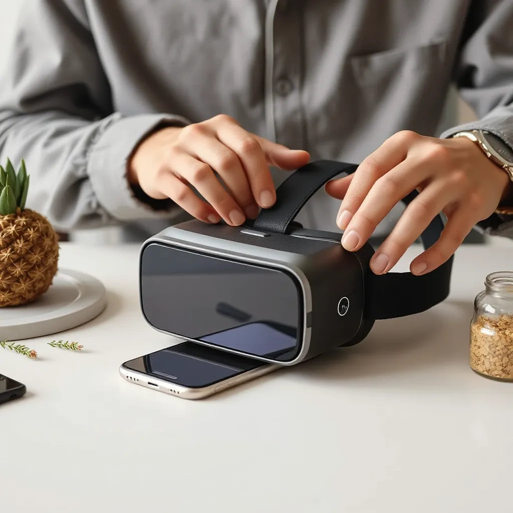 ידיים מכניסות טלפון לתוך משקפי VR, על שולחן עם תאורה טבעית ורקע נקי