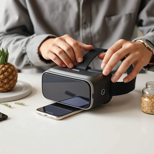 ידיים מכניסות טלפון לתוך משקפי VR, על שולחן עם תאורה טבעית ורקע נקי