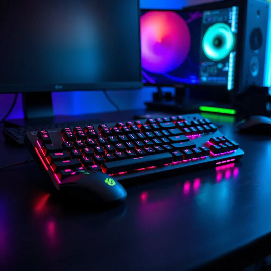 מקלדת גיימינג עם תאורת RGB על שולחן כהה בחדר משחקים