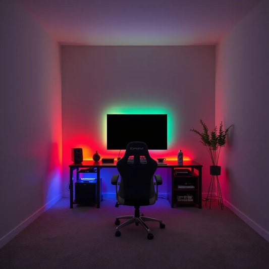 פסי תאורה RGB צבעוניים מאחור למסך בחדר מודרני, עם תאורה רכה וזורמת