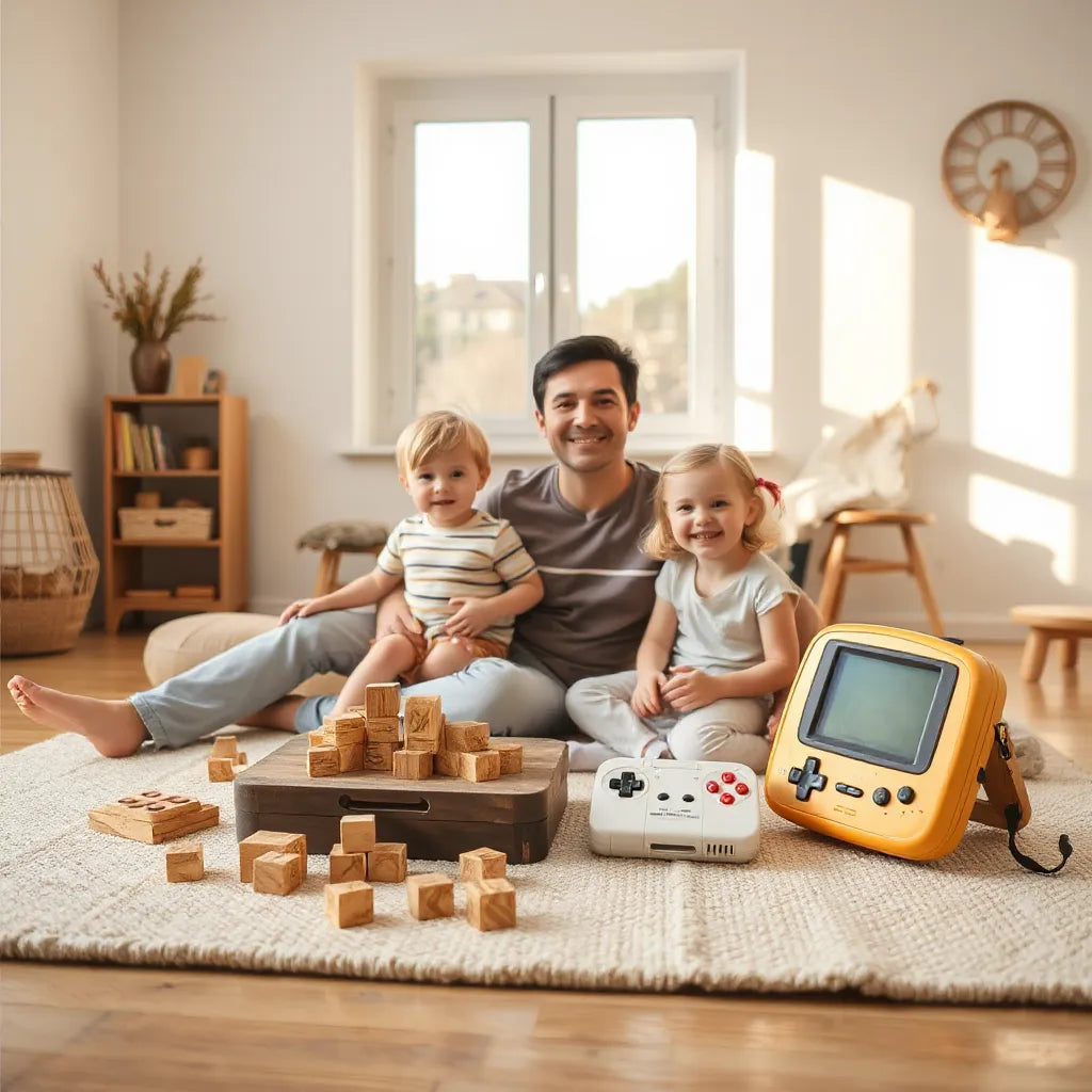 ילדים והורה משחקים במשחקי קופסה צעצועים קלאסיים בחדר סלון מואר ונעים