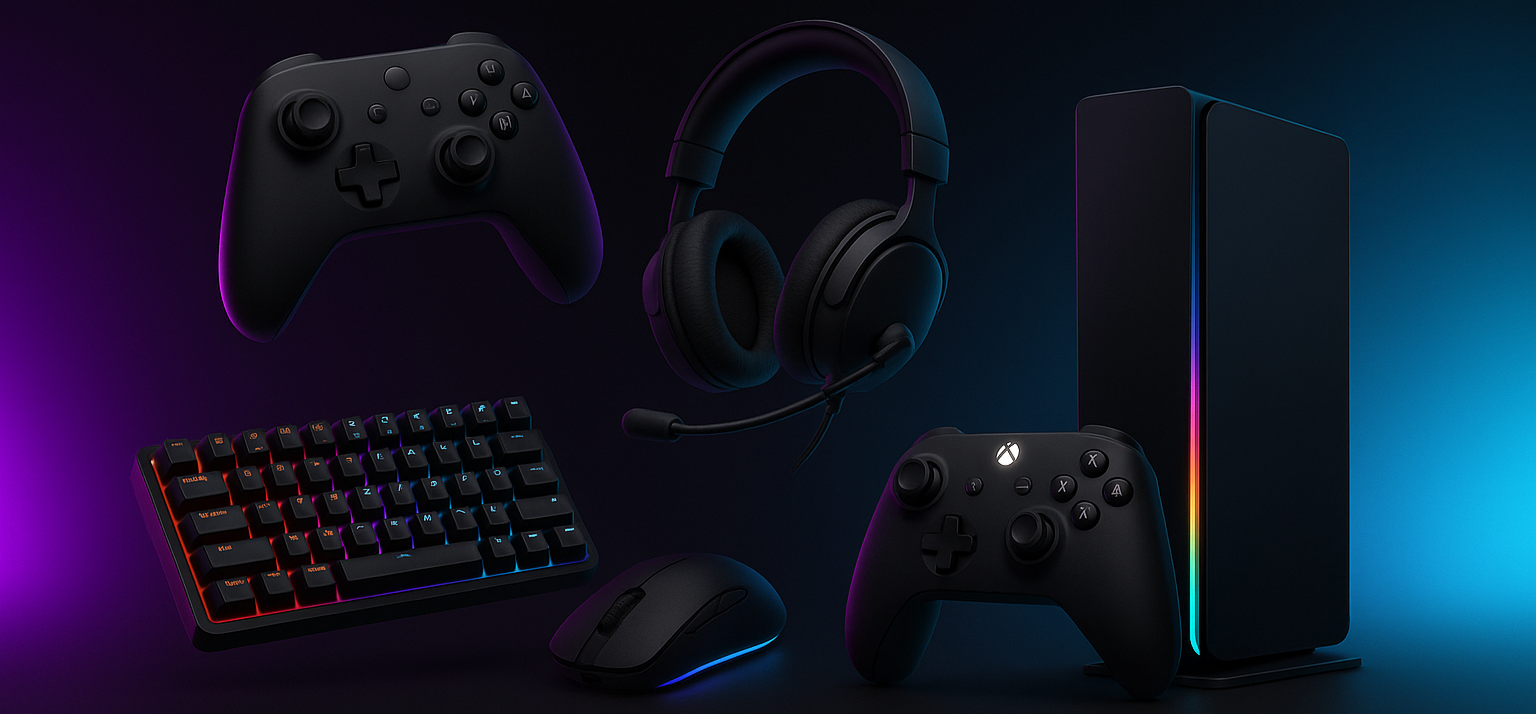 "A modern promotional digital banner design for an e-commerce gaming store. Bold headline at the top: 'Pixel Gadgets'. . Background features futuristic gaming gadgets and accessories (controllers, consoles, RGB lights, headsets) floating in a dynamic neon gradient style (black, purple, and electric blue). Clean, minimal, and premium aesthetic, similar to Apple or high-end e-commerce design."



